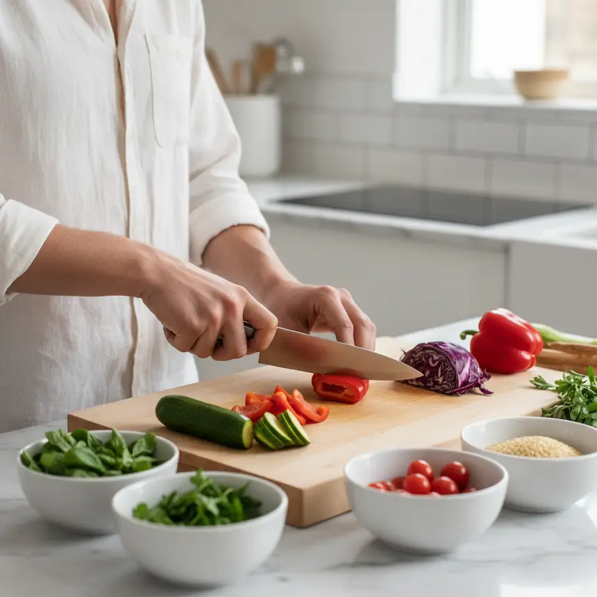 Simple cooking, ingredient prep, healthy routine