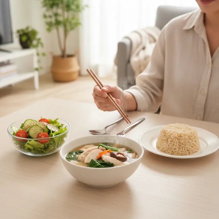 Healthy home-cooked meal, satisfying meal, cooking for self