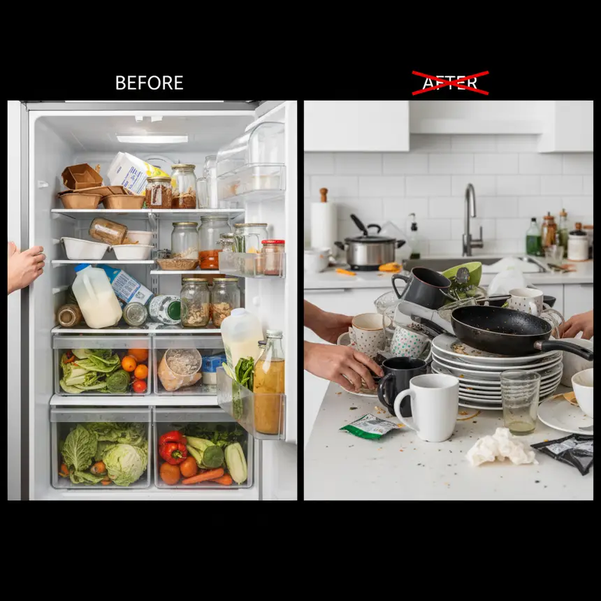 messy fridge, disorganized kitchen