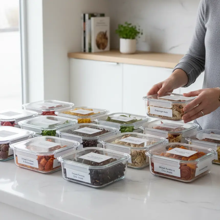 organized kitchen, meal prep containers