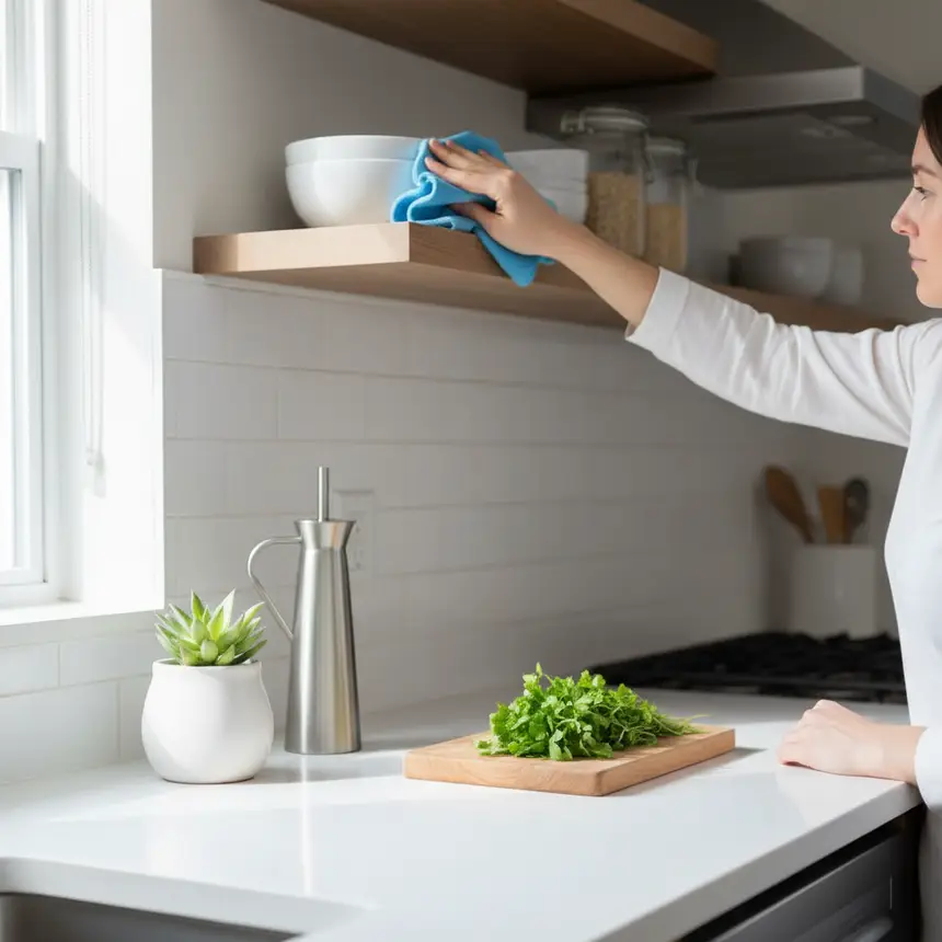 Organized kitchen, efficient storage, cleaning routine