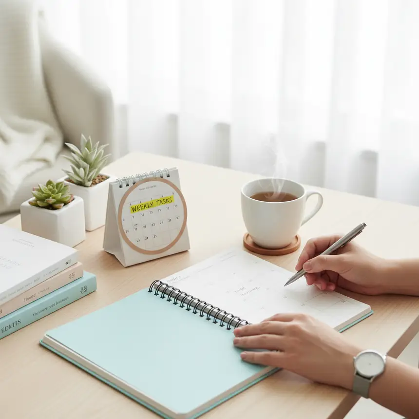 Organized desk, weekly planner