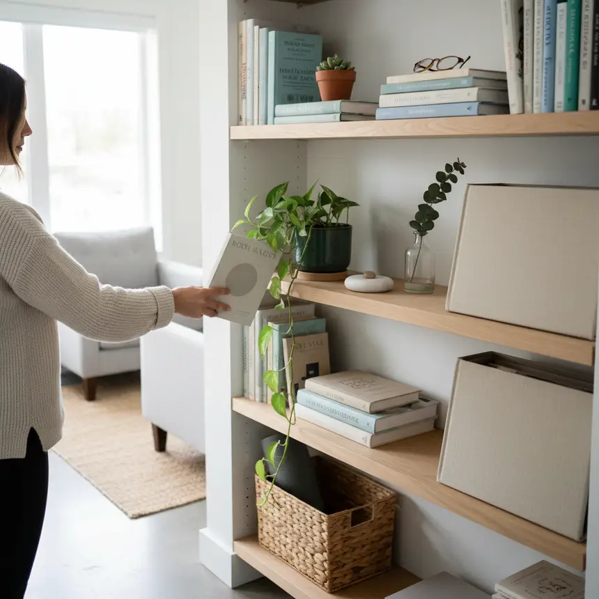 Organized bookshelf, cozy space
