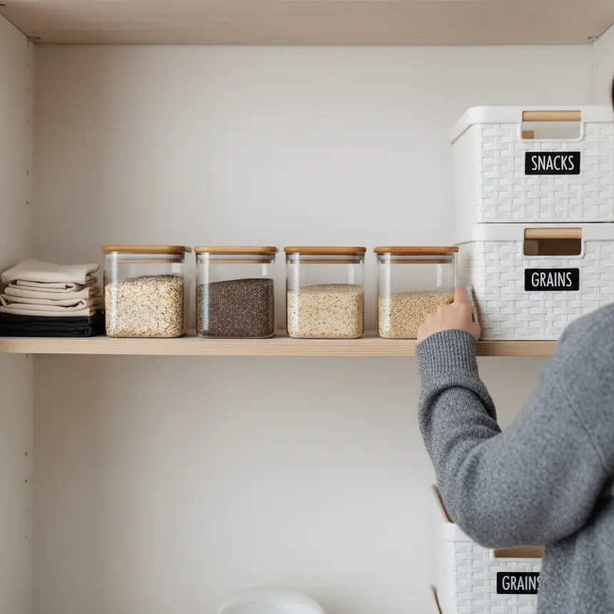 Organized pantry with clear containers