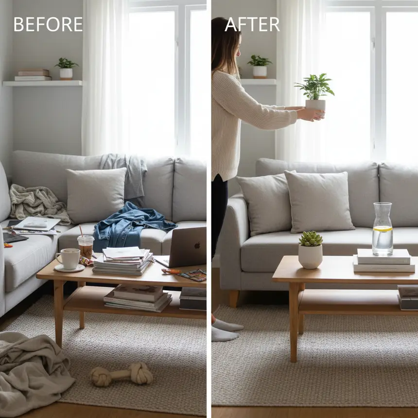 Before and after comparison of a messy versus tidy small living room