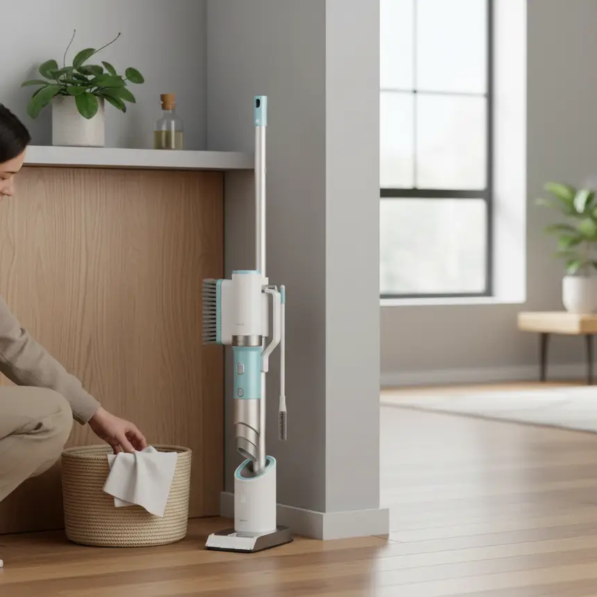 Organized room with a compact cleaning tool in a corner