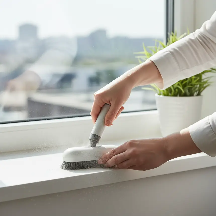 Person cleaning a window sill with a specialized small cleaning attachment