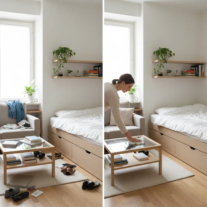 Organized studio apartment space