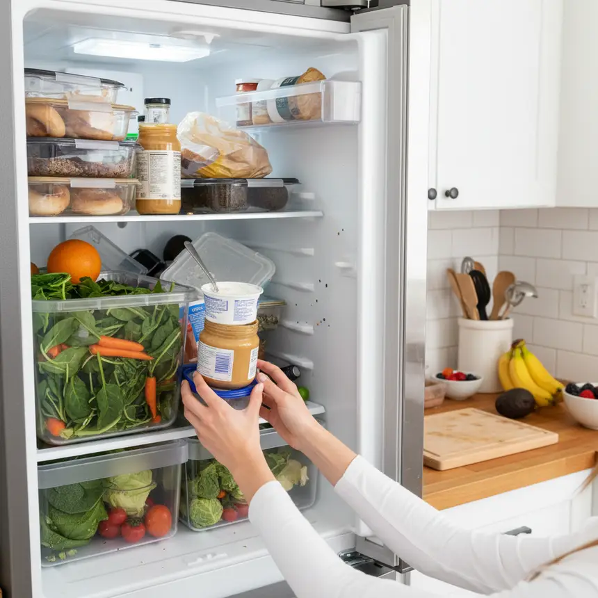 Disorganized refrigerator with wilting produce