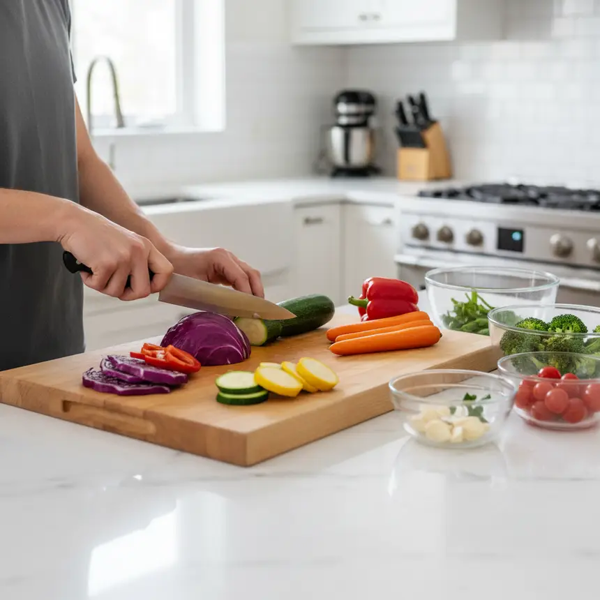 Hands chopping vegetables in kitchen