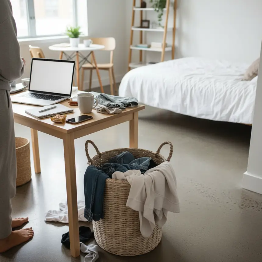 Messy desk and laundry