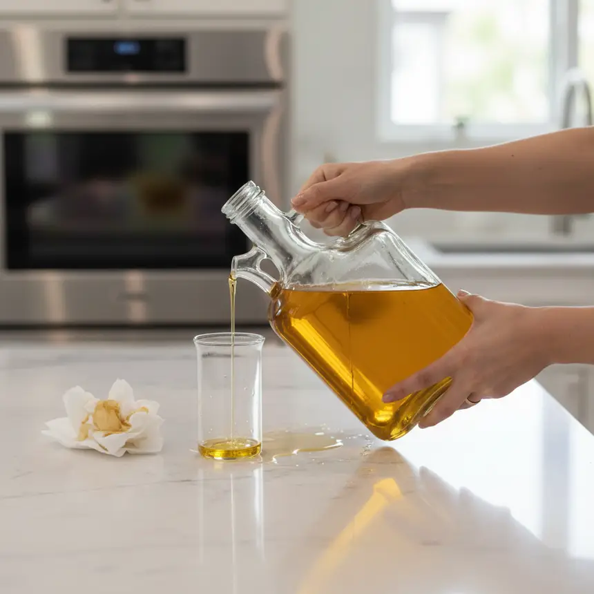 Kitchen counter with a large, awkward-to-handle cooking oil bottle, a few oil stains visible, showing the difficulties of handling bulk oil