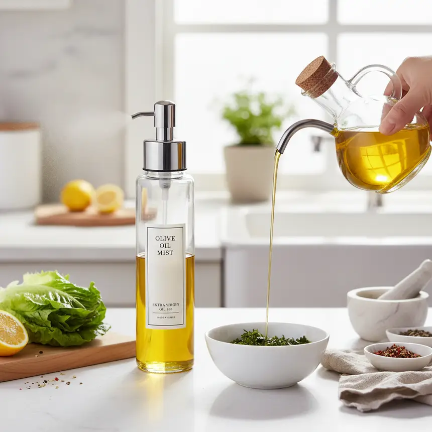 Organized kitchen counter with elegant glass oil dispensers, a spray bottle and a pouring bottle, showing different methods of oil dispensing, clean and functional