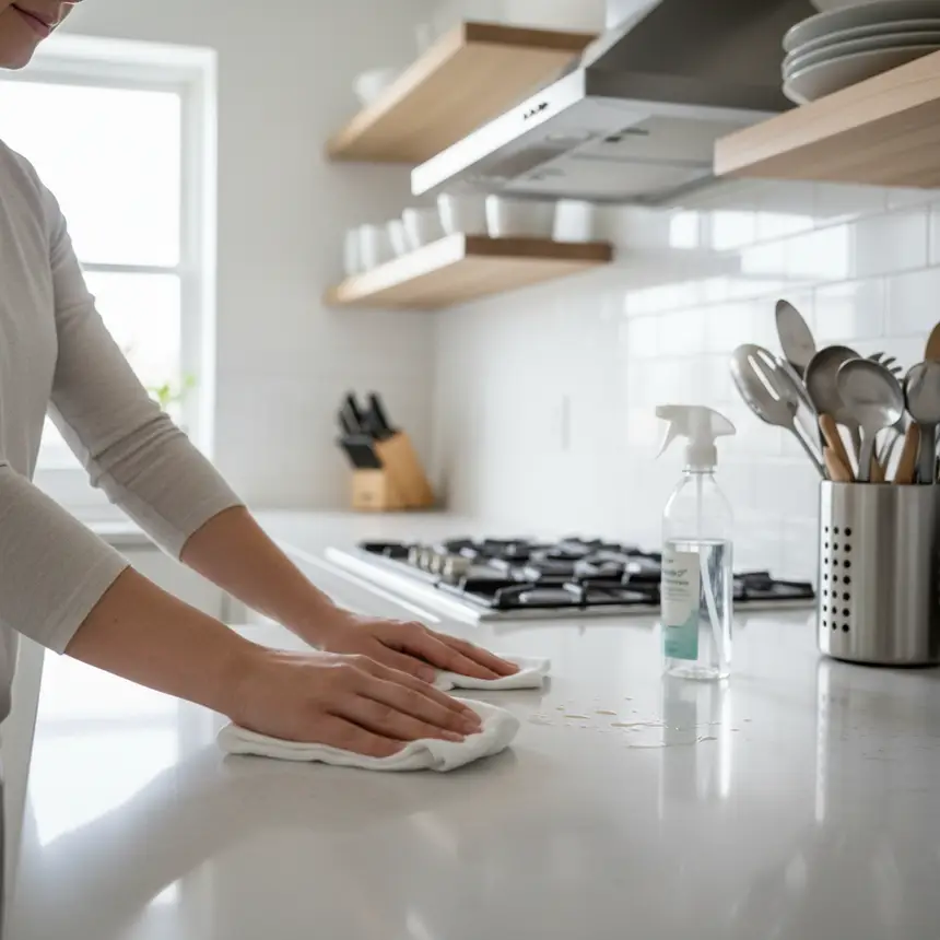 Someone wiping down a kitchen counter after cooking, cleaning oil splatters, emphasizing a regular cleaning routine in a neat kitchen