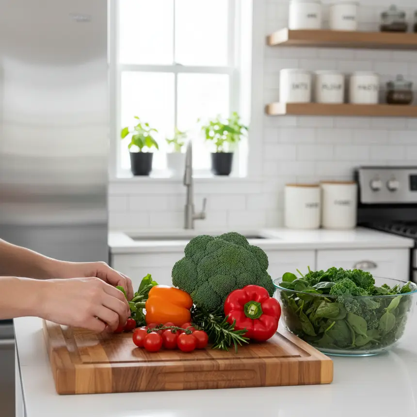 A bright, clean and well-organized kitchen with fresh ingredients on the counter, inviting atmosphere for cooking, focus on a sense of peace and order