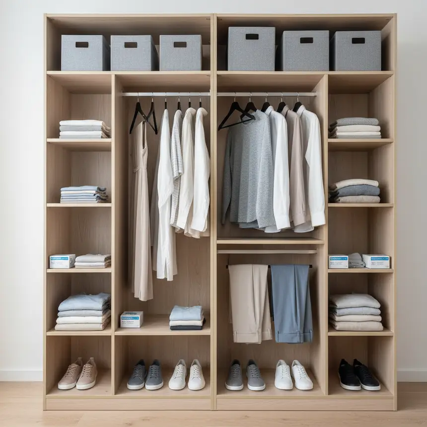 organized wardrobe with moisture absorbers
