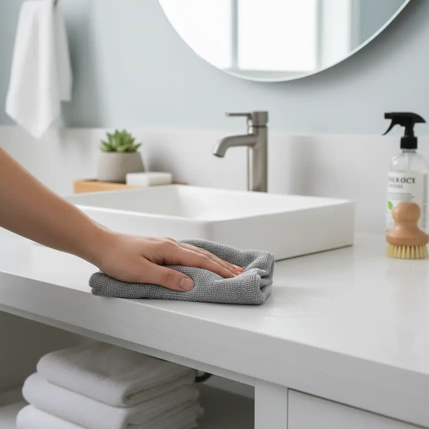 person cleaning bathroom counter