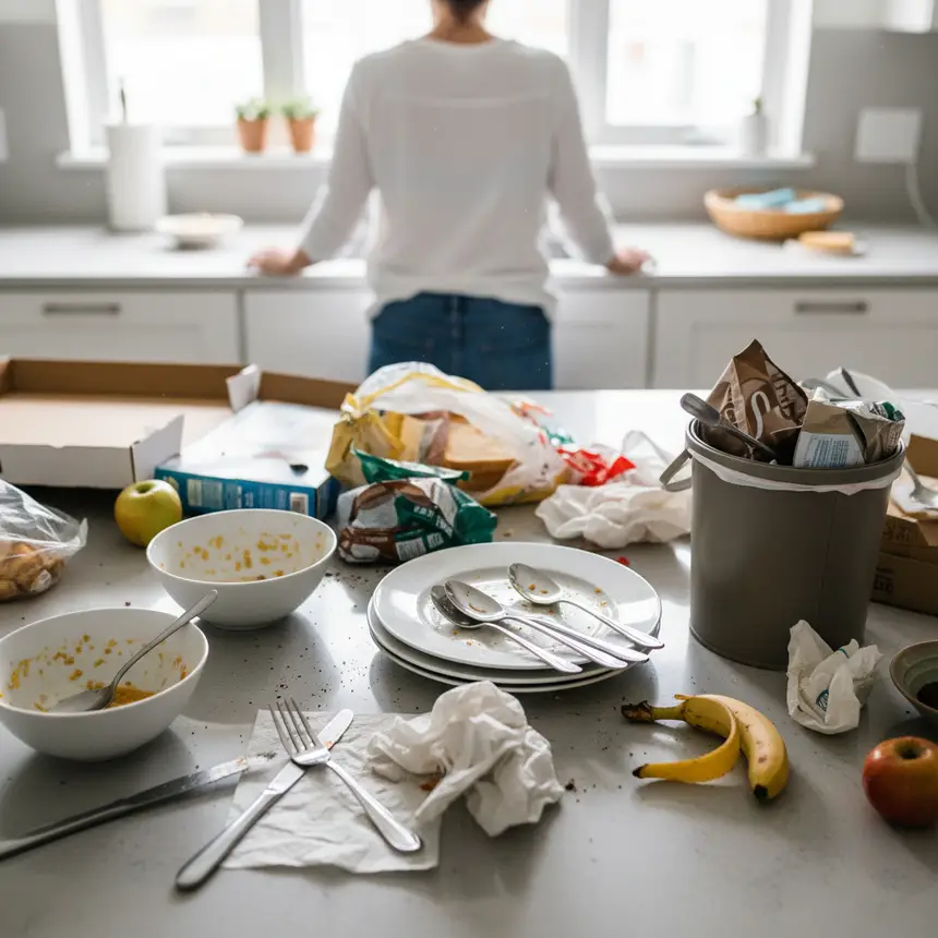 Messy kitchen counter with unwashed dishes
