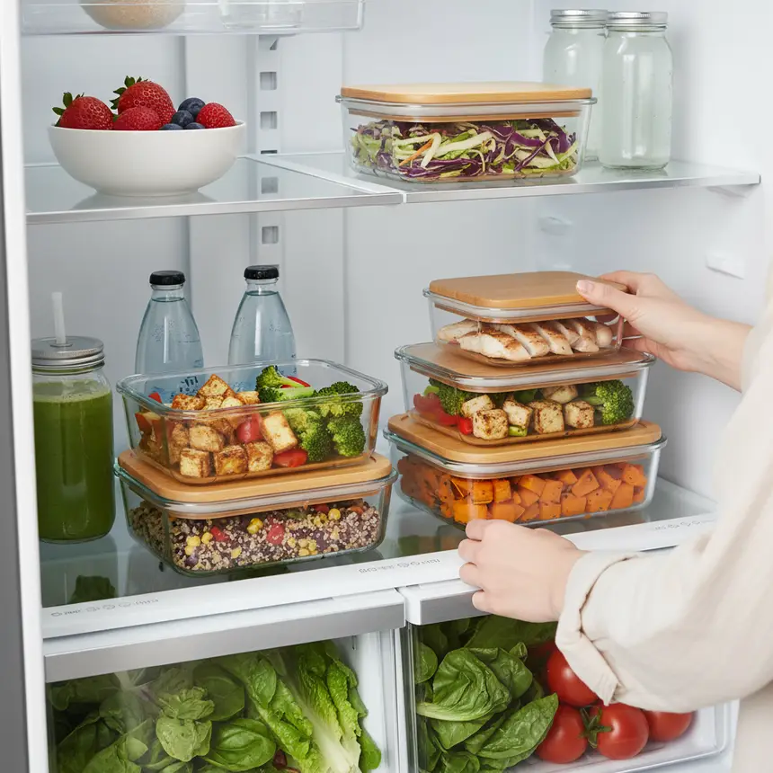 Prepared meal containers in fridge