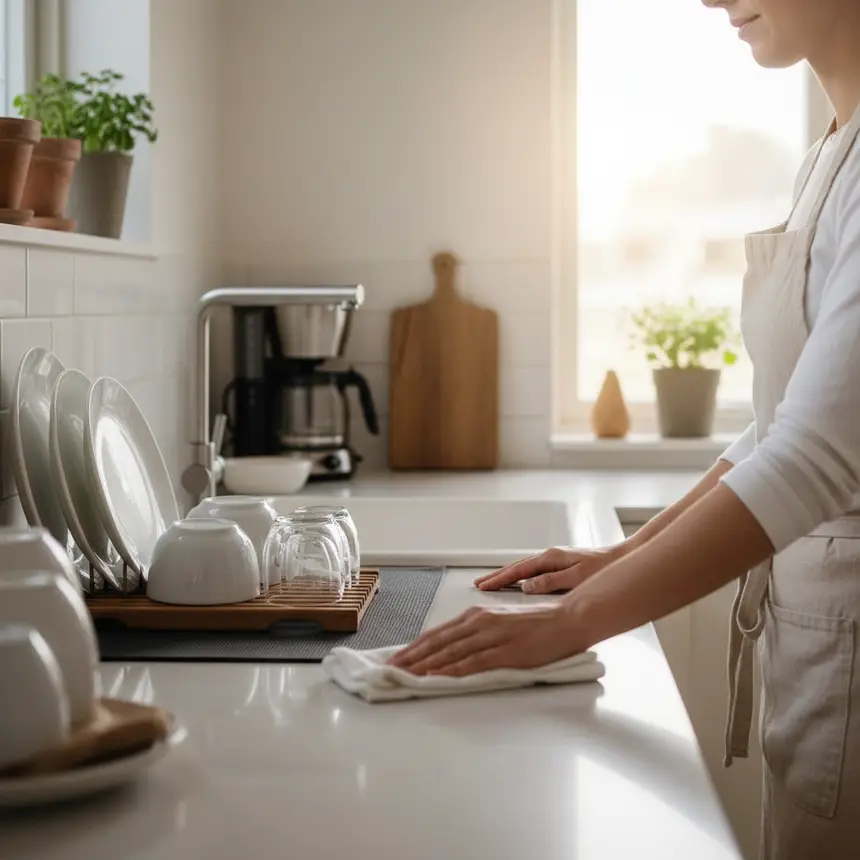 Wiping kitchen counter